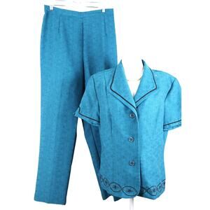 Vintage 90s Prophecy Blue Pant Set Beaded Short Sleeve Women 14 Corporate Boho